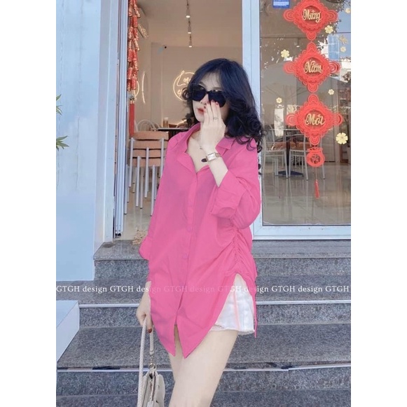 ÁO SƠMI TRƠN DÂY RÚT EO VẠT ĐUÔI TÔM 3 MÀU DÁNG OVERSIZE