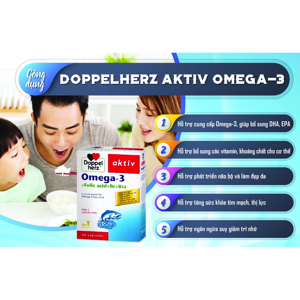 Viên dầu cá Doppelherz Omega 3 + Folic acid + B6 + B12 Đức bổ tim mạch, giảm mỡ máu hộp 30 viên