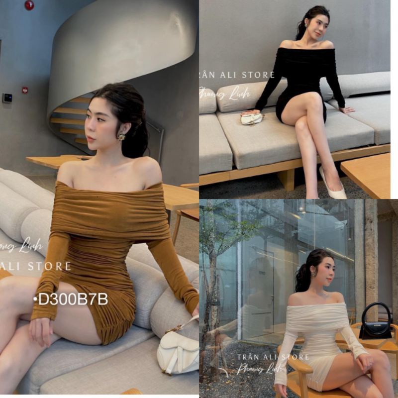 Đầm Ôm Body Trễ Vai Nhún Sườn Dài Tay Thun Mịn Thiết Kế Sexy Quyến Rũ D300B7B