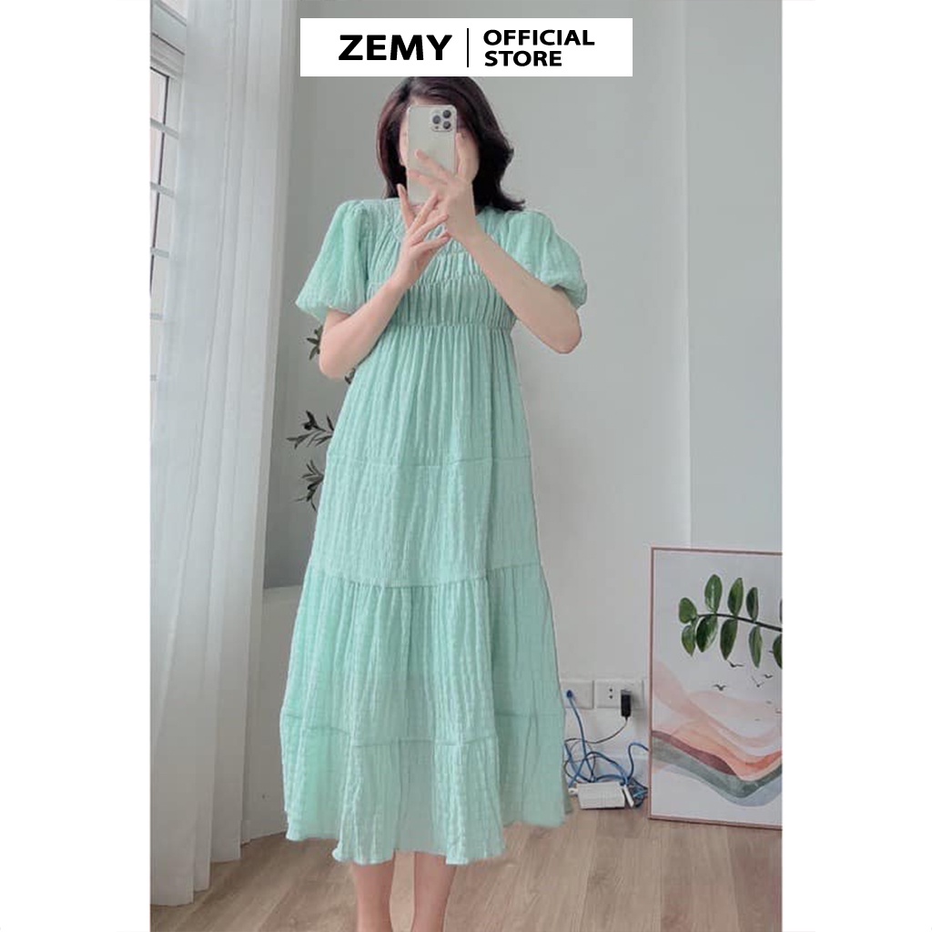 Váy babydoll dáng dài đầm maxi nữ tay phồng vải xốp màu trắng đen đi biển
