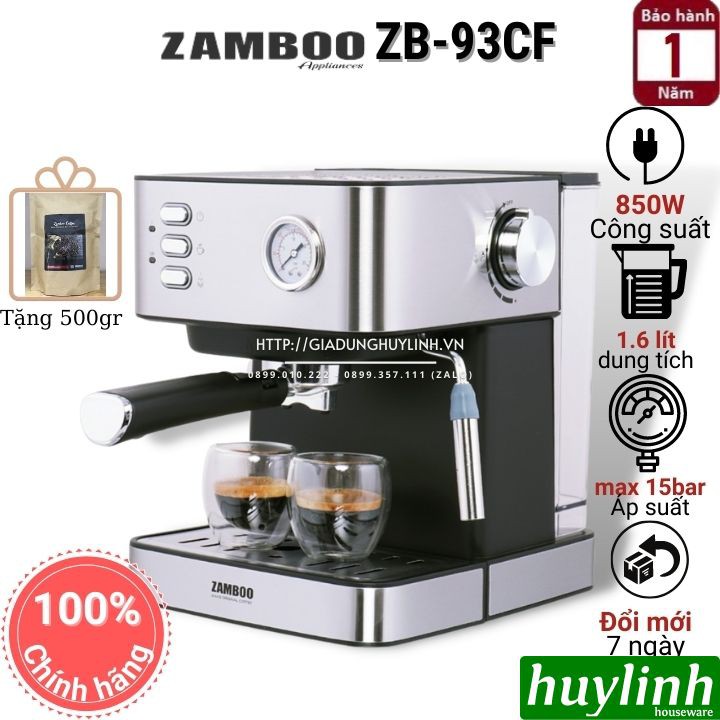 [Mã ELHAMS5 giảm 6% đơn 300K] Máy pha cafe gia đình Zamboo ZB-93CF - 850W - áp suất 15 bar - Tặng 500gr cà phê