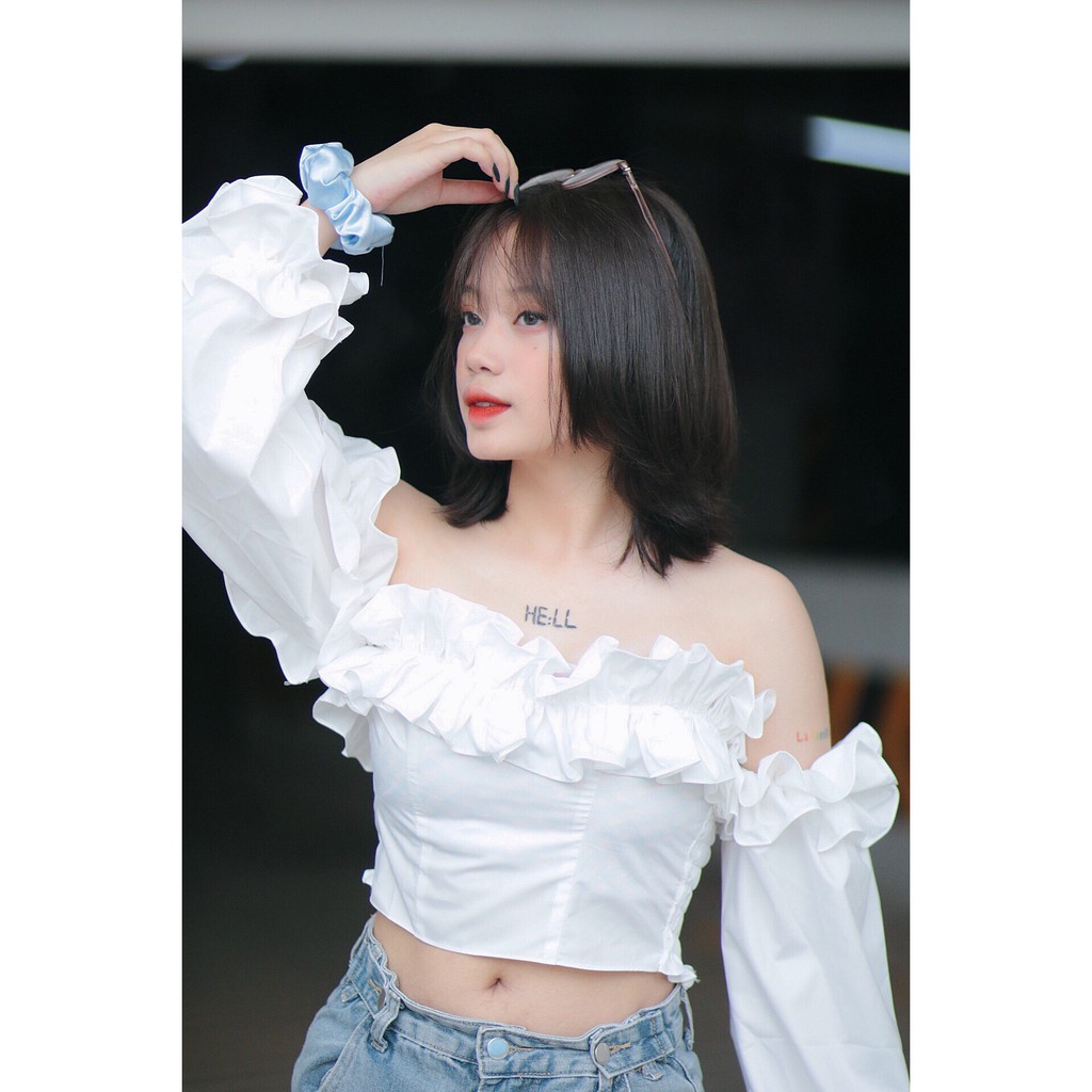 Áo hở trễ vai croptop tay bồng bèo nhún kiểu - Befo Top