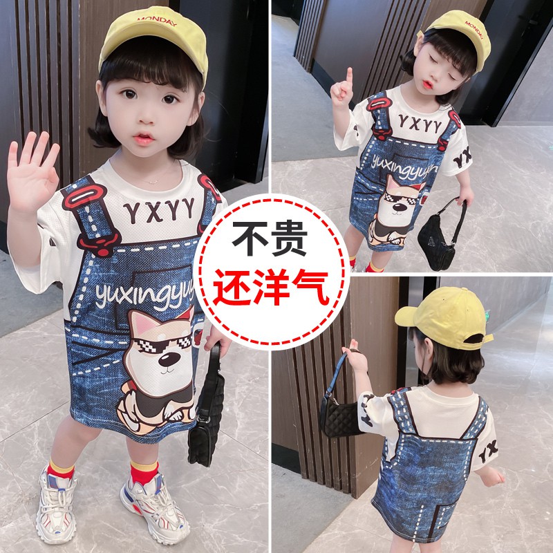 2021 bé gái áo phông dài tay Hàn Quốc mùa hè phong cách mới mặc váy 1--6 tuổi