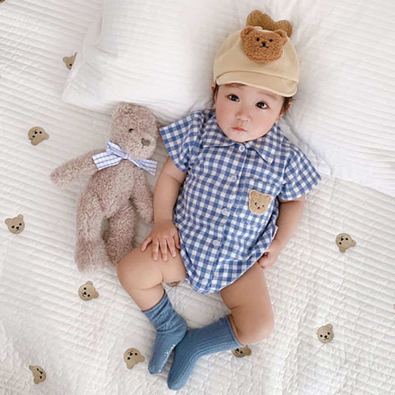 Bộ Áo Liền Quần Tay Ngắn Chất Liệu Cotton In Họa Tiết Kẻ Ô Gấu Thời Trang Mùa Hè Cho Bé Trai