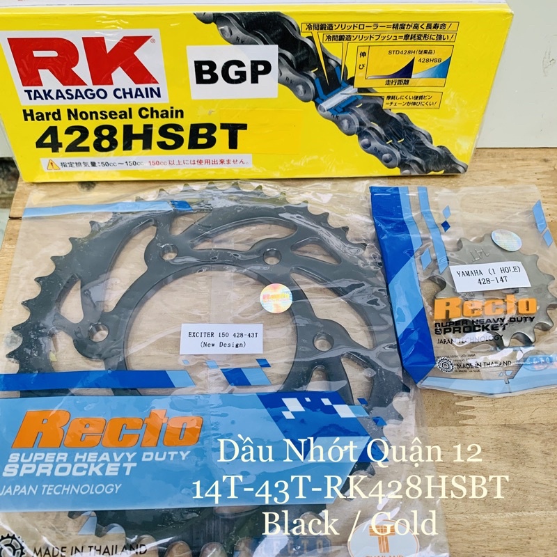 Yamaha Exciter 150 - MX King 150 Bộ Nhông 14T - Dĩa 42T 43T - Sên RK 428HSBT Black / Gold Đen Vàng Chính Hãng