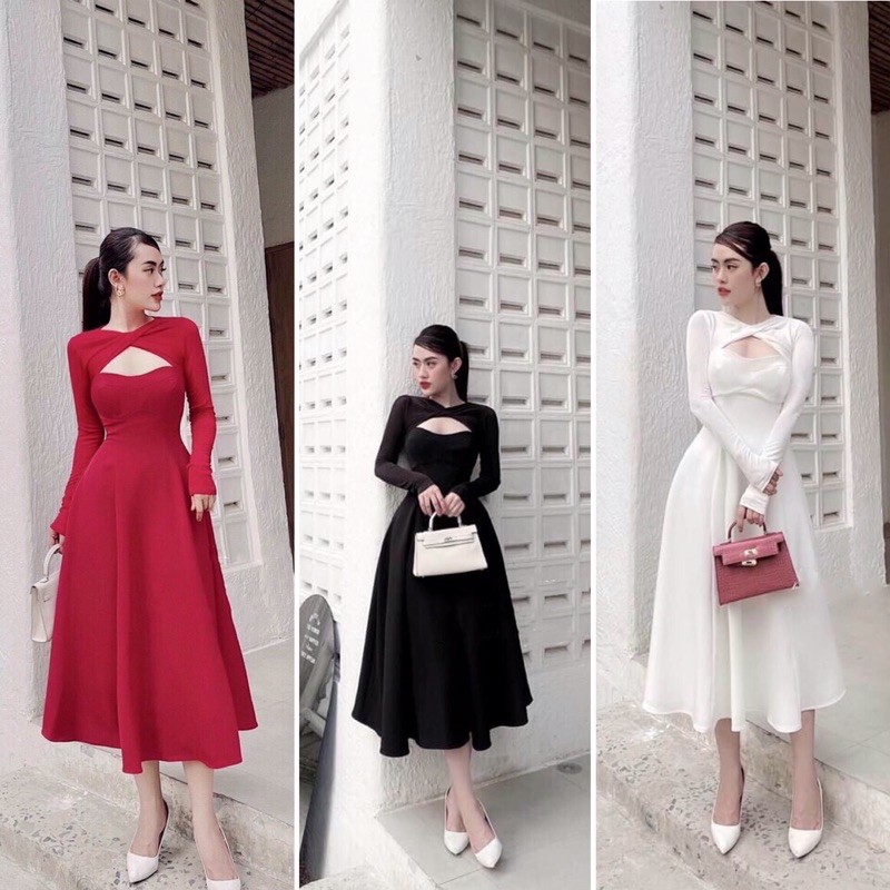 D224 Đầm Dự Tiệc Dáng Dài Khoét Ngực Sang Chảnh , Váy Dáng Xoè Thát Eo Dưới Tôn Dáng