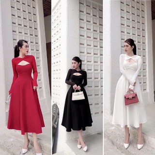 D224 Đầm Dự Tiệc Dáng Dài Khoét Ngực Sang Chảnh , Váy Dáng Xoè Thát Eo Dưới Tôn Dáng