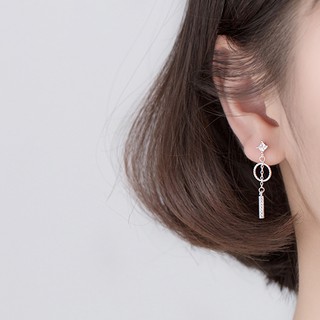 Khuyên tai bông tai nữ bạc s925 vòng tròn thanh thẳng và hình thoi đính đá bất đối xứng KB10