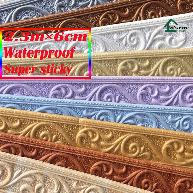 2.3m 3D Xốp dán tường Wall Trim Line Wall Skirting Wallpaper Biên giới hình nền dinding Hình nền dán tường Hình nền trang trí chân tường Trang trí tự dính Dải chống thấm