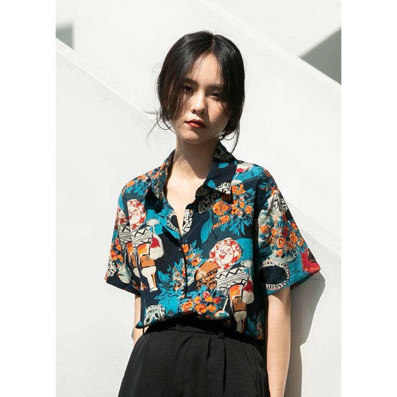 Áo Sơ Mi Ngắn Tay Họa Tiết Tranh Sơn Dầu Phong Cách Retro Thời Trang Mùa Hè Cho Nữ