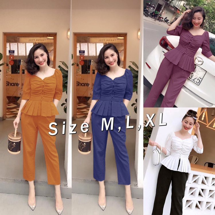 Set nguyên bộ áo peplum tà xếp ly nút bọc thiết kế cao cấp
