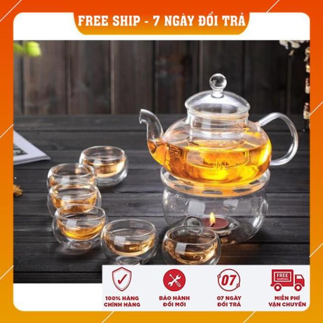 [FREESHIP TOÀN QUỐC] Bộ ấm trà/ /Ly trà thủy tinh - 6 chén kèm đế nến chịu nhiệt, sử dụng được cả đèn cồn và cốc nến