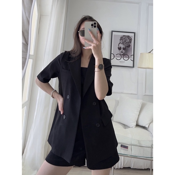 Set đồ nữ công sở gồm áo khoác blazer nữ 1 lớp tay ngắn kèm quần short màu đen basic hàng thiết kế Huien Design