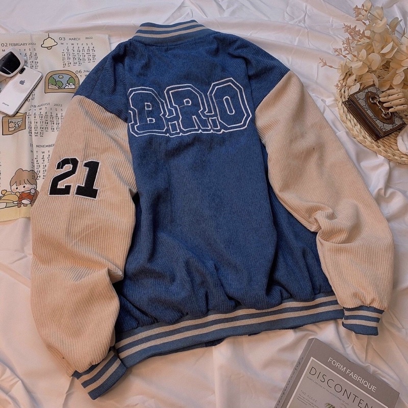 Áo khoác bomber bóng chày kaki nhung gân 2 lớp thêu unisex ulzzang nam nữ