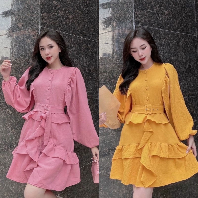 Jumpsuit xốp tay dài hồng/vàng, jump ngắn xoè bèo tầng dễ thương, phong cách tiểu thư hot girl đi chơi dạo phố hình thật