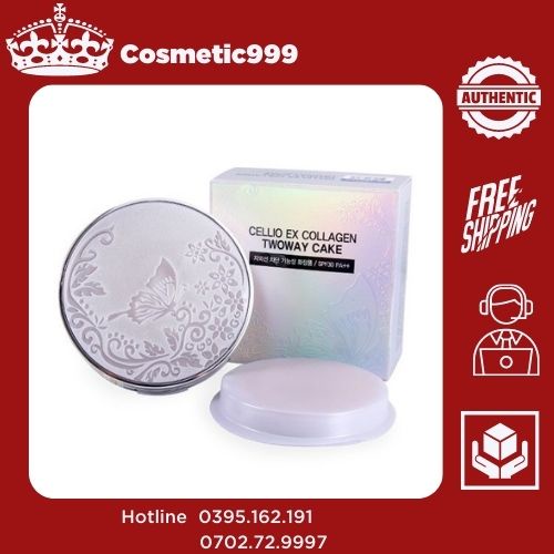 Phấn phủ Cellio ex collagen Twoway Cake, phấn phủ kiềm dầu mỏng nhẹ có 2 lõi Cosmetic999