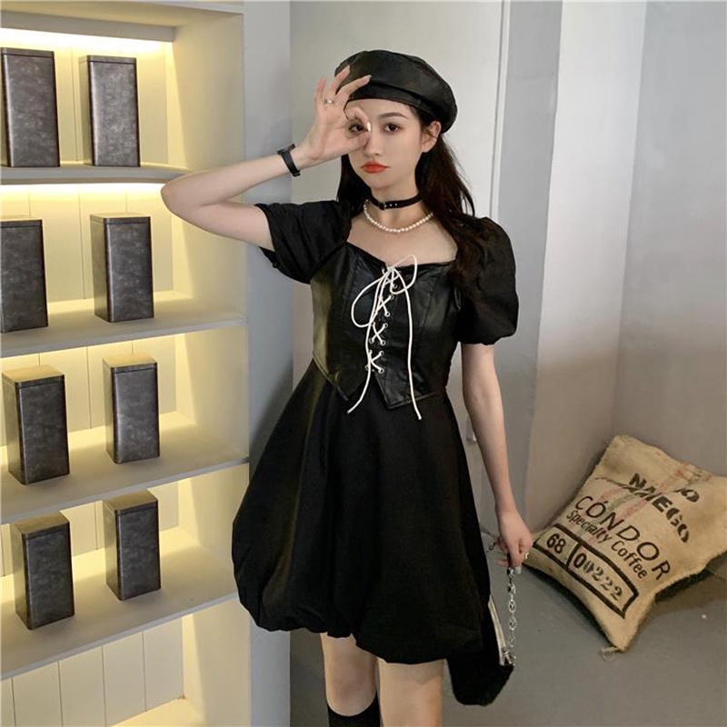 Đầm da PU IELGY cổ vuông phong cách cổ điển thời trang mùa hè dành cho nữ