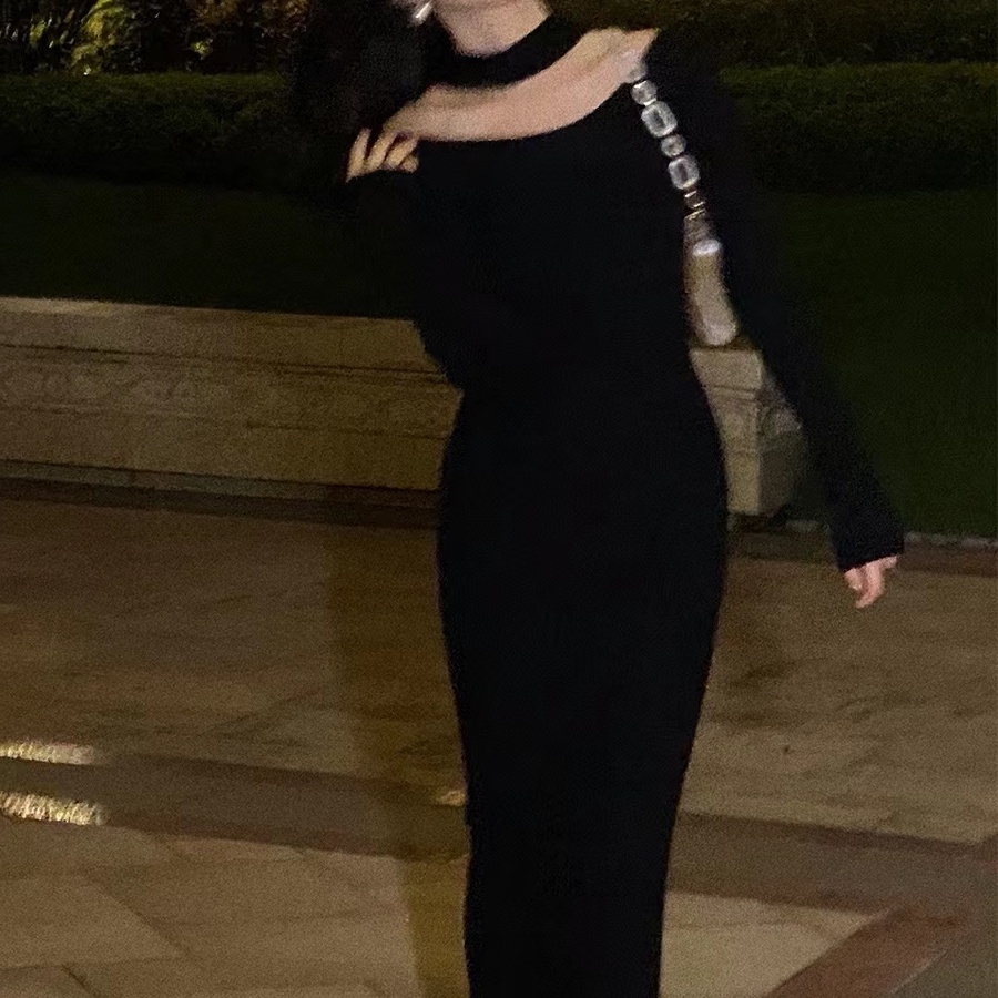 SUXI Đầm midi dệt kim tay dài hở vai màu trơn thời trang mùa thu mới cho nữ