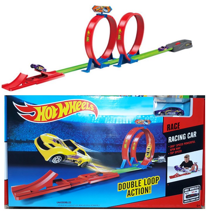 Bộ đường đua hotwheels mô hình đường đua gồm 2 vòng xoắn và 1 xe ô tô đồ chơi trẻ em