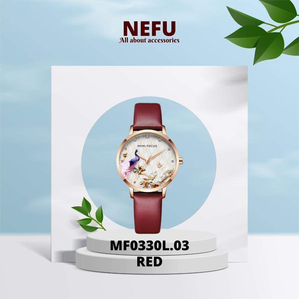 Đồng hồ nữ MINI FOCUS dây thép MF0330L.03 viền thép không gỉ chống nước thông minh đường kính 34mm màu đỏ Nhật Bản