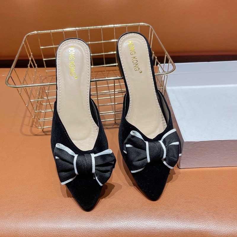 Dép sục nơ viền trắng mũi nhọn gót bệt 2p