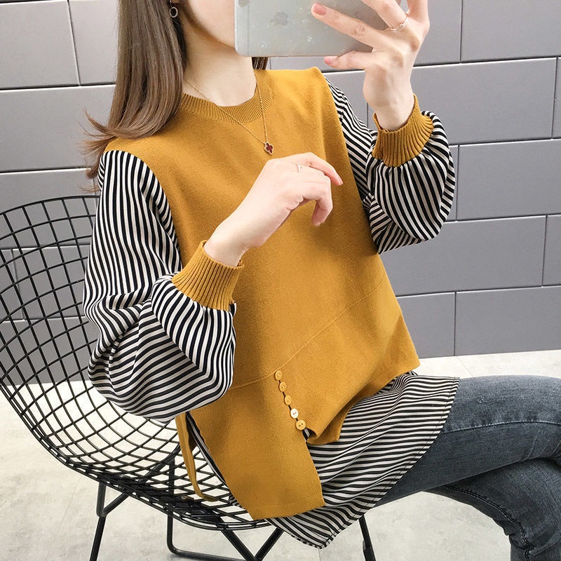 Áo sweater dệt kim mỏng dáng rộng giả hai lớp thời trang thu đông hàng mới dành cho bạn nữ 2021