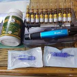 COMBO CẤY TẢO - 1 Máy Phi Kim Tích Điện Dr Pen Xanh - 1 Lọ Tảo Xoắn SATO - 1 Vỉ C Hàn Quốc 10 Ống - 10 Kim Nano