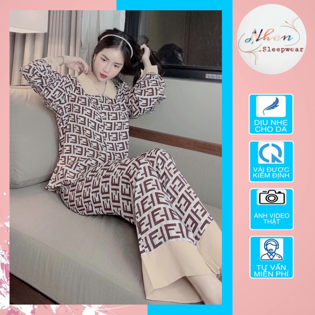 Đồ bộ Pijama cổ sen dài tay, Bộ ngủ nữ mặc nhà chất kate lụa cao cấp - H&N FASHION