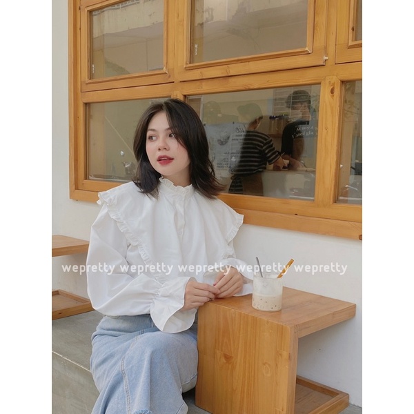 Áo sơmi nữ trắng chất sợi mềm ống tay bồng cổ tay loe phong cách vintage Wepretty Clothes | BigBuy360 - bigbuy360.vn