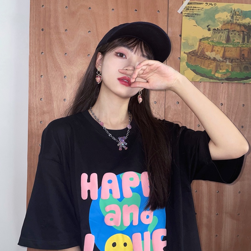 Áo thun form rộng ngắn tay unisex nam nữ NOKO HAPPY AND LOVE - Áo dấu quần free size