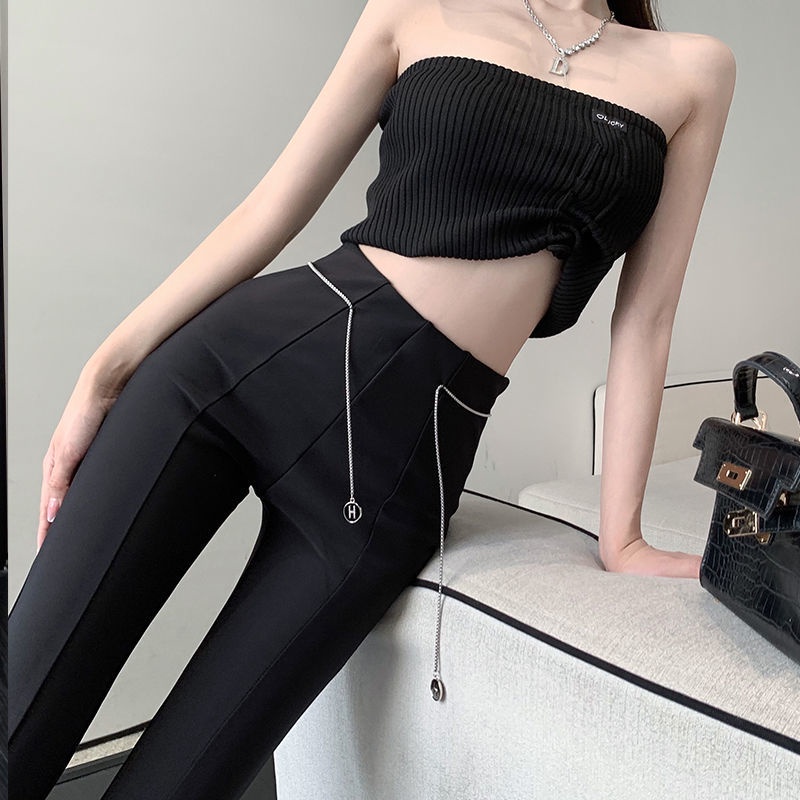 Quần Dài Ống Loe Lưng Cao Xẻ Tà Màu Đen Thời Trang Mùa Hè Cho Nữ