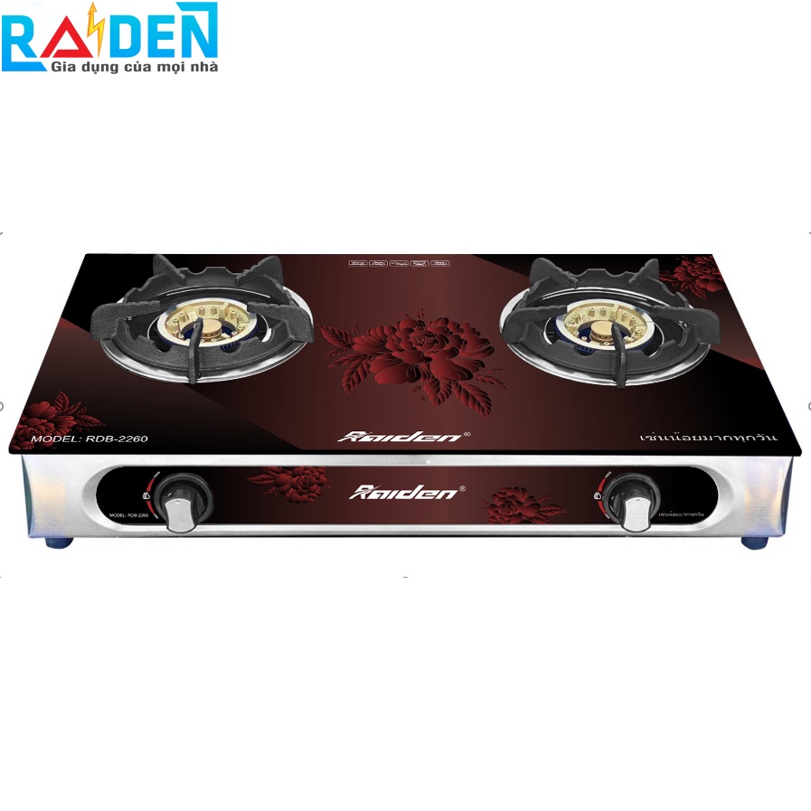 [Chính hãng] Bếp ga đôi kính cường lực Raiden RDB-2260 đầu đốt đồng 100mm, điếu gang đôi có hâm