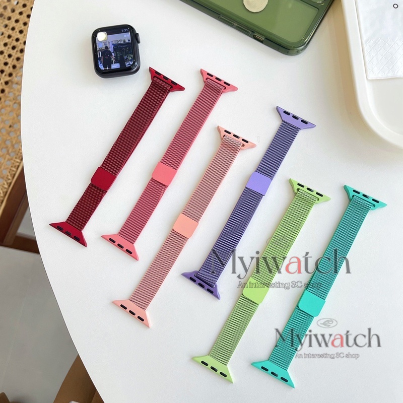 Dây đeo kim loại cho Apple Watch 7 6 5 SE 4 3 2 sim Dây đeo từ tính mỏng iwatch 38mm 40mm 42mm 44mm 41mm 45mm Màu sắc kẹo Magnetic Milanese Loop kim loại dành cho nữ