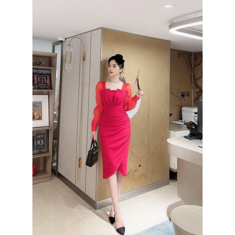 Đầm ôm body dáng dài, đầm tiểu thư đi dự tiệc cưới thiết kế cúp ngực phối tay lưới dài, tà váy ôm tôn dáng chất thun umi