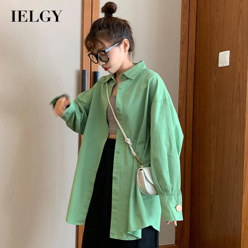 IELGY Áo sơ mi polo tay dài dáng rộng phong cách hàn quốc cổ điển