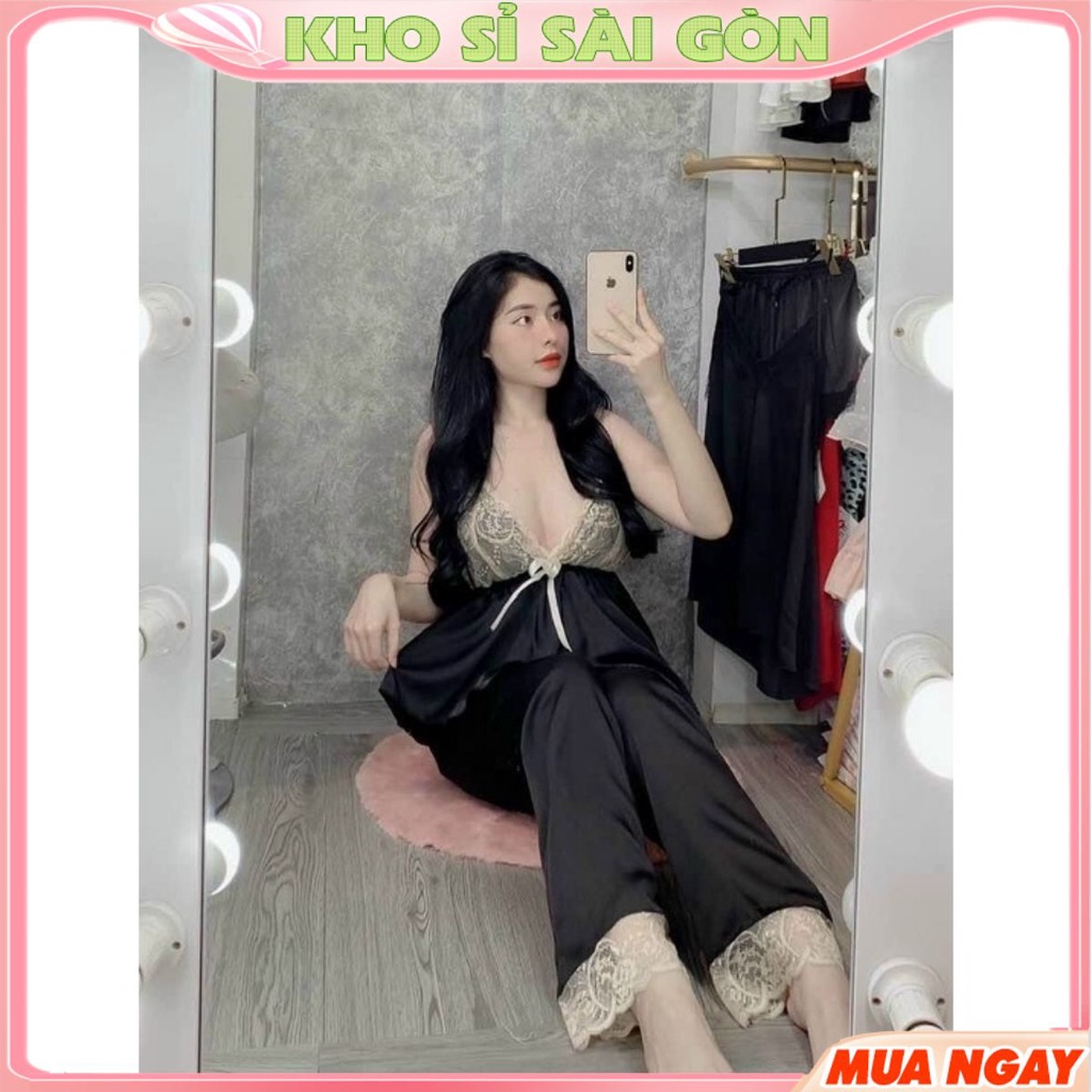 Set bộ ngủ lụa chất liệu vải satin cao cấp, thiết kế kiểu dáng trẻ trung, cá tính - 𝑲𝒉𝒐 𝒔𝒊̉ 𝑺𝒂̀𝒊 𝑮𝒐̀𝒏