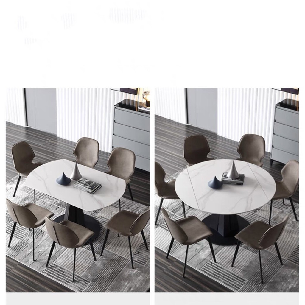 Bộ bàn ăn tròn xoay thông minh hình chữ nhật mặt đá phiến ceramic kết hợp ghế Nordic