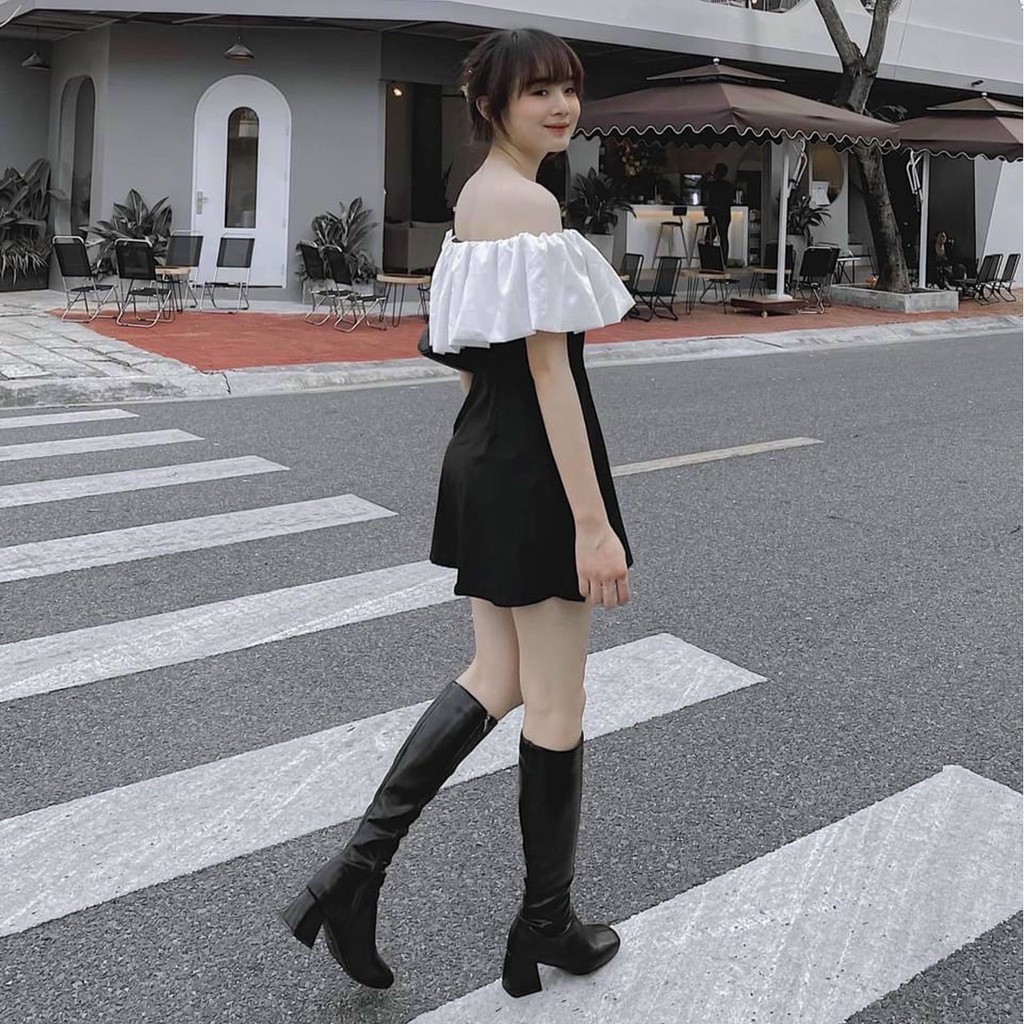 [có feedback]Đầm dự tiệc Đầm body chữ A đen hở vai, tay bồng tiểu thư bánh bèo Ulzzang HOT Váy Trễ Vai Phối Ngực Trắng🌸 | BigBuy360 - bigbuy360.vn