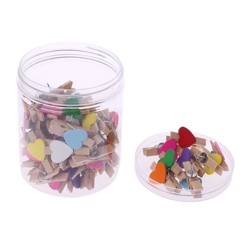 HO 20/50Pcs Push Pins With Wooden Clips Heart Pushpins Tacks Thumbtacks For Cork Boards Artworks Notes Photos Craft Projects