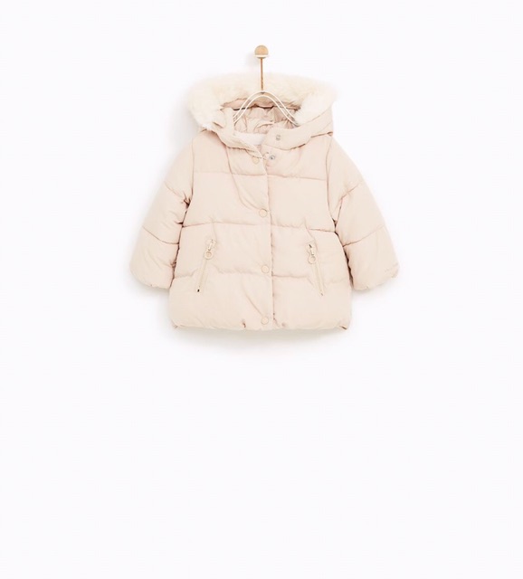 Áo khoác phao Zara mũ lông bé gái/bé trai