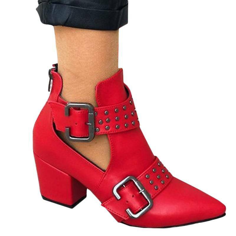 Womens Cut Out Chelsea Ankle Boots Pointed Teo Buckle Block Low Heel Rivet