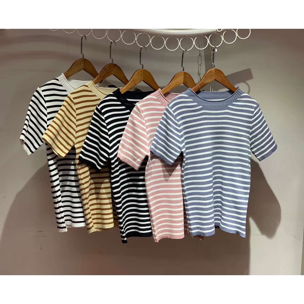Áo thun nữ cổ tròn ngắn tay áo phông cotton thun dệt kim họa tiết kẻ ngang dáng basic thoáng mát co giãn 4 chiều TOZZO