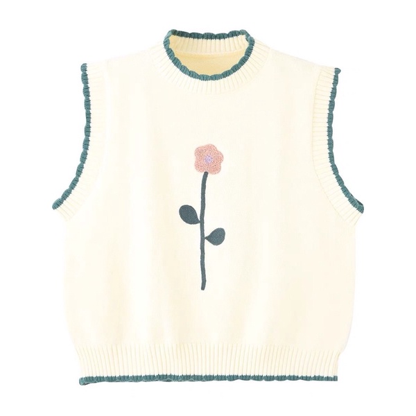 Áo gile len nữ thêu hoa xinh xắn phong cách vintage