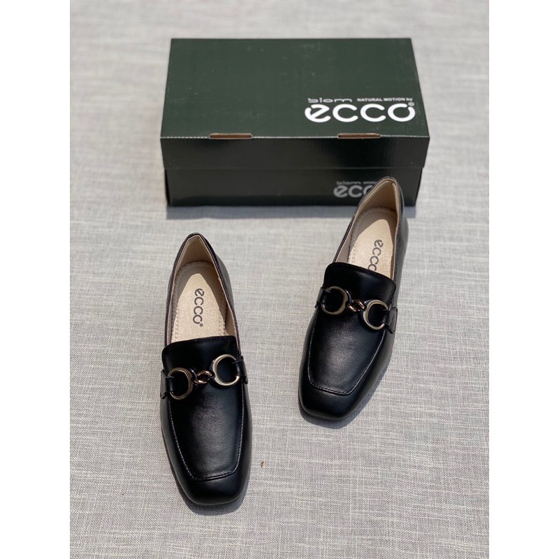 Giày cao gót nữ mũi vuông cao 5cm thương hiệu Ecco da thật cao cấp bản logo màu bạc