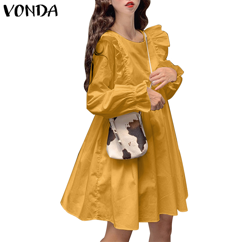 VONDA Đầm Nữ Tay Dài Nhún Bèo Phong Cách Hàn Quốc