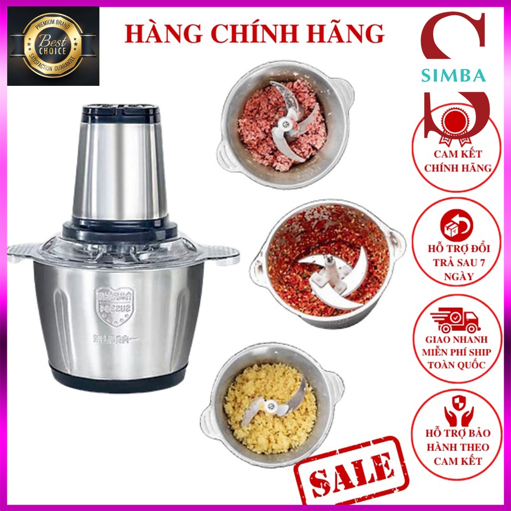 Máy Xay Thịt, Máy Xay Đa Năng Cối 2L inox Cầm Tay 2 Chế Độ 4 Lưỡi Dao Siêu Bền - Cối Xay Thịt cá SIMBA