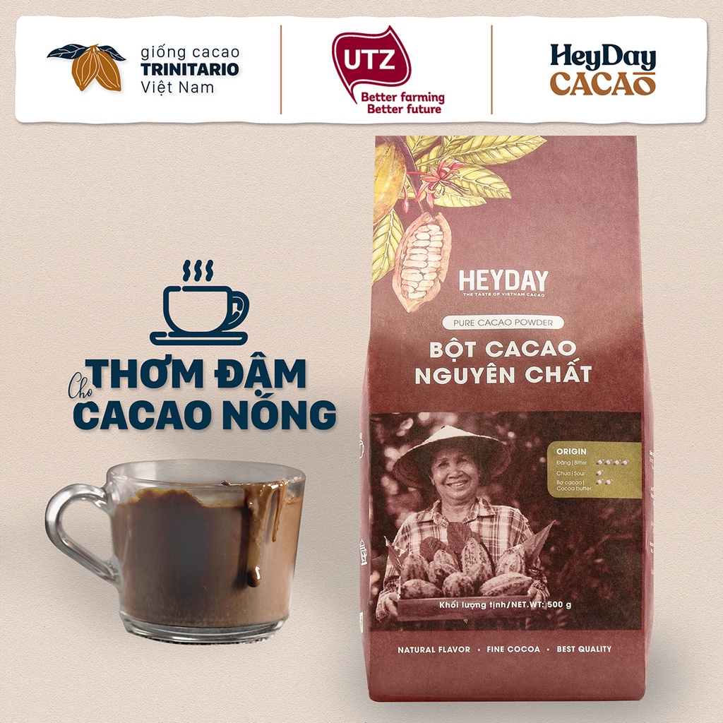 Bột cacao nguyên chất 100% Heyday - Dòng Origin thượng hạng - Túi giấy 500g - Chuẩn UTZ Quốc Tế