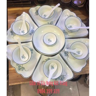 Bộ đồ ăn hoa mặt trời men kem vẽ sen