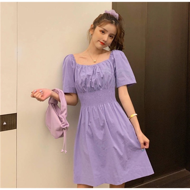 Váy Đầm Cổ Vuông Ulzzang Hàn Quốc Màu Tím/Trắng Hot Trend