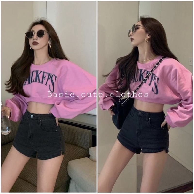 Áo sweater croptop form rộng màu hồng hoạ tiết chữ đen chất da cá dày dặn HÀNG SẴN ASMH001